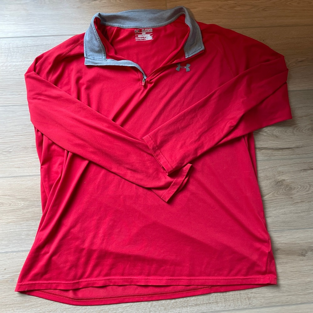 Under Armour Mens 2XL Red HeatGear Quarter Zip Long Sleeve Pullover Shirt Loose
